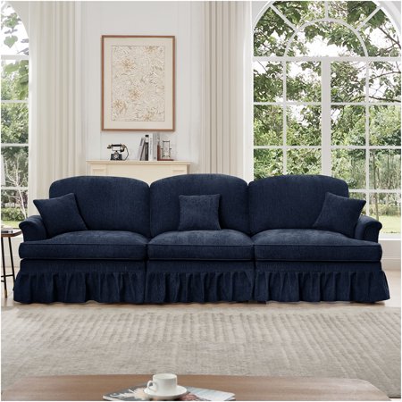 JERFIT Mid Century 3 Seater Sofa with Removable Ruffle Skirt, Chenille Fabric, Flared Arms for Living Room, Blue