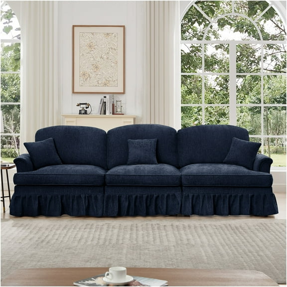 JERFIT Mid Century 3 Seater Sofa with Removable Ruffle Skirt, Chenille Fabric, Flared Arms for Living Room, Blue