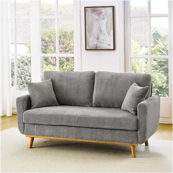 JERFIT Mid-Century Modern 2-Seater Sofa, Light Gray Corduroy Upholstered Loveseat with Tapered Wood Legs for Living Room, Apartment