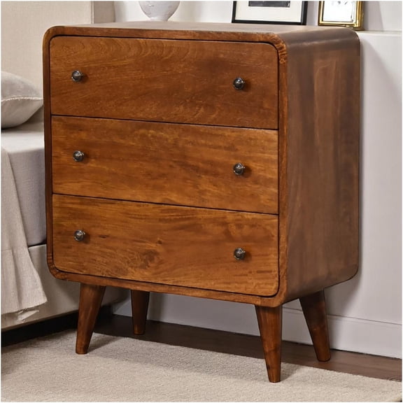 JERFIT Mid Century Modern 3-Drawer Dresser, Solid Mango Wood Chestnut Brown Chest, Compact Storage with Nordic Tapered Legs for Bedroom, Living Room, Apartment