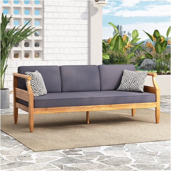 JERFIT Mid-Century Modern 3 Seater Outdoor Sofa Set, Acacia Wood Patio Garden Lounge Chair with Water-Resistant Cushions, Teak Finish