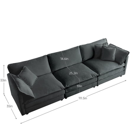 JERFIT Mid-Century Modern 3-Seater Sofa with Pillows, Gray Chenille Upholstery, Sturdy Wood Frame, Modular Design for Living Room