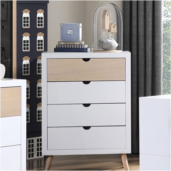 JERFIT Mid-Century Modern 4-Drawer Dresser Chest, White and Natural Wood Storage for Bedroom, Youth Furniture with Dovetail Drawers
