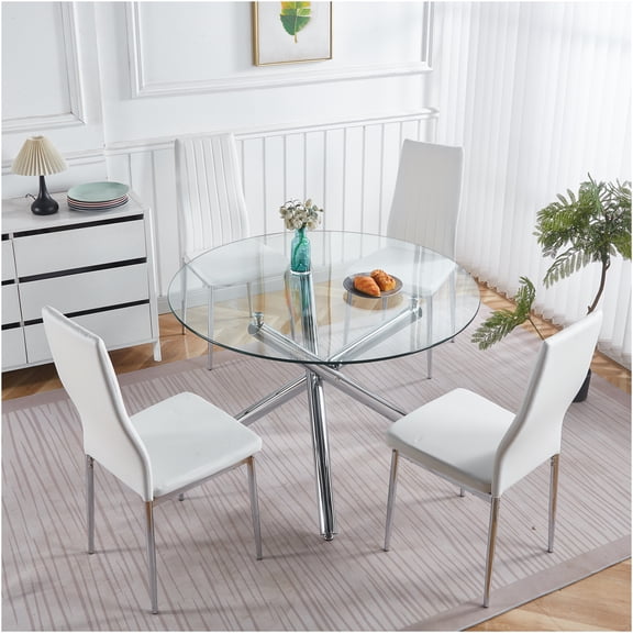 JERFIT Mid-Century Modern 5-Piece Dining Set with Glass Top Table & 4 Chairs, Silver & White