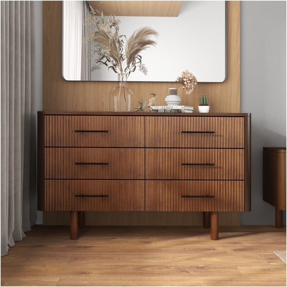 JERFIT Mid Century Modern 6-Drawer Dresser, Solid Wood Chest of Drawers for Bedroom, Walnut Finish Storage Organizer