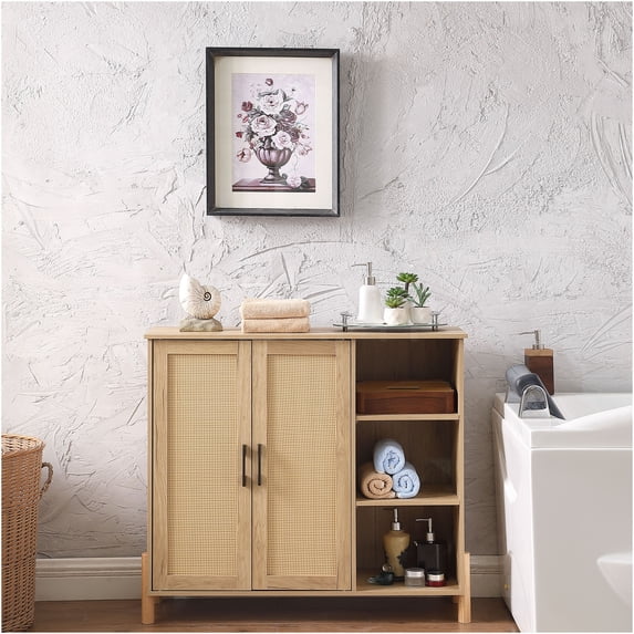 JERFIT Mid-Century Modern Accent Cabinet with Rattan Doors and Open Shelves, Adjustable Storage Organizer for Living Room, Dining Room, Natural