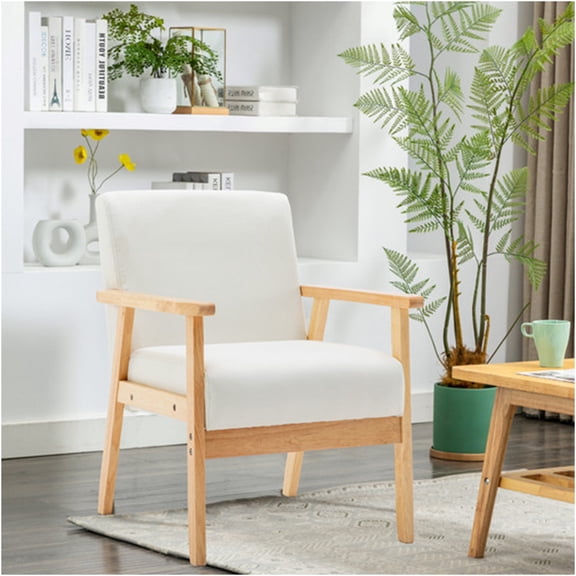 JERFIT Mid-Century Modern Accent Chair, 25" Wide Beige Linen Upholstered Armchair with Solid Wood Frame for Living Room, Bedroom