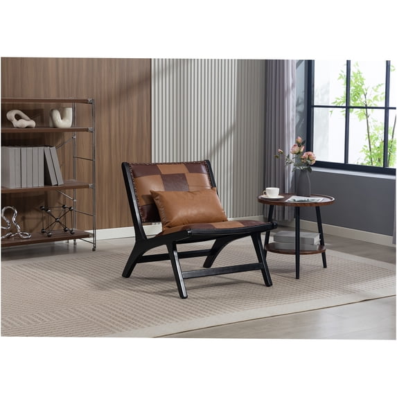 JERFIT Mid Century Modern Accent Chair, Boho PU Leather Lounge Chair with Solid Wood Frame, Antique Brown Reading Side Chair for Living Room, Bedroom, Balcony