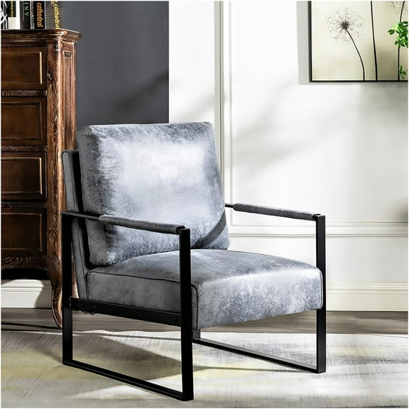 JERFIT Mid Century Modern Accent Chair, Grey Microfiber Upholstered Armchair with Square Metal Frame for Living Room, Bedroom or Office