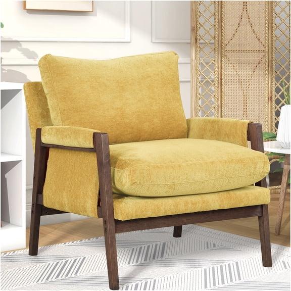 JERFIT Mid-Century Modern Accent Chair Velvet Upholstered Armchair with Padded Arms and Cushioned Seat for Living Room, Bedroom, Office, Yellow