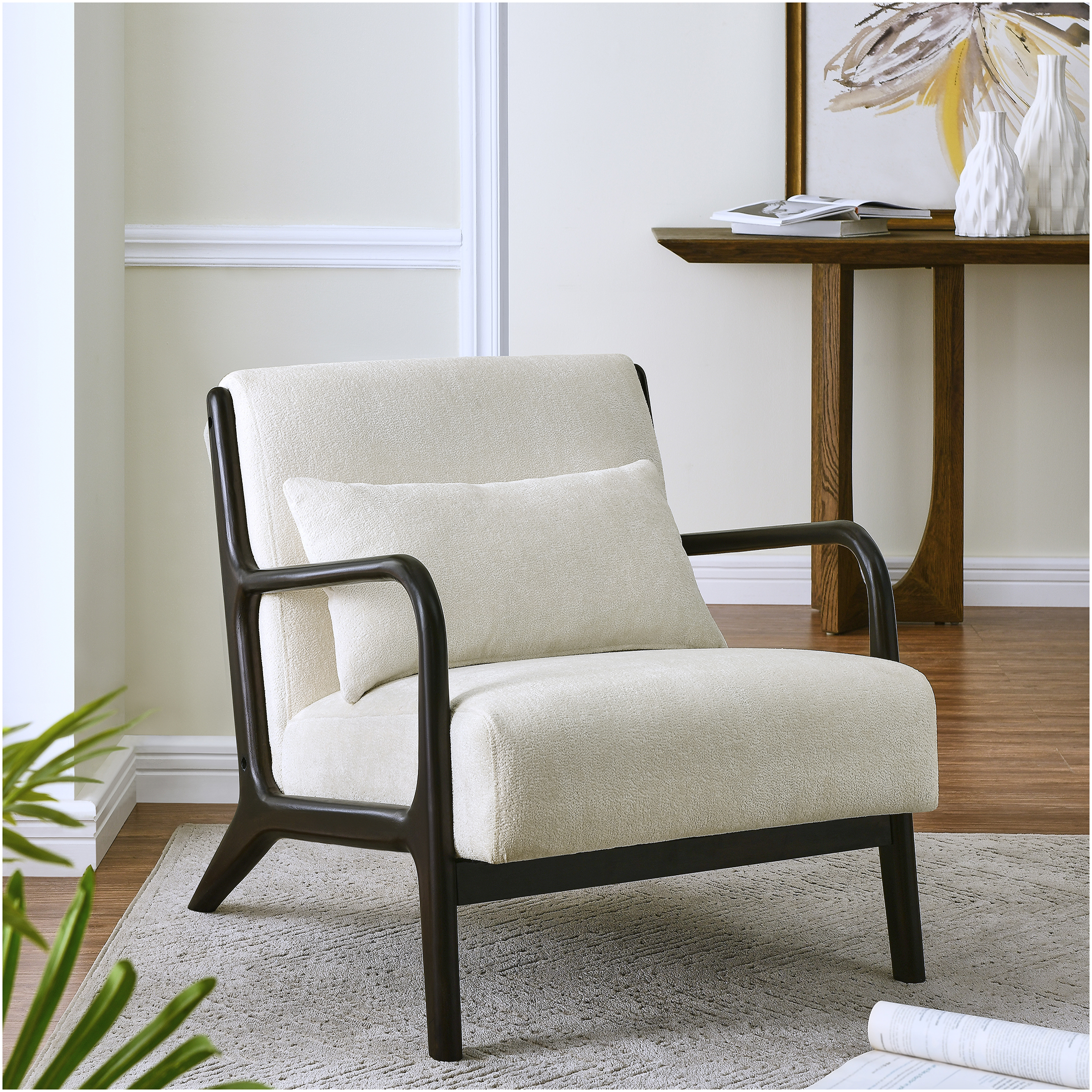JERFIT Mid Century Modern Accent Chair with Lumbar Pillow, White ...