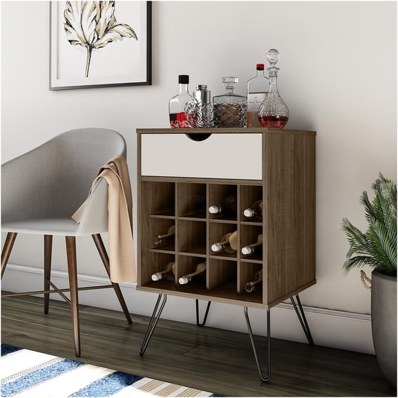 JERFIT Mid-Century Modern Bar Cart with Drawer, 12-Bottle Wine Rack & Storage for Glassware, Brown Oak Finish Beverage Organizer Stand
