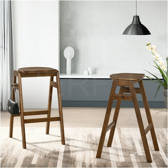 JERFIT Mid-Century Modern Bar Stools Set of 2, Stackable Wood Counter Height Stools with Backrest, Brown Walnut Finish