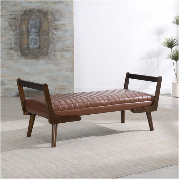 JERFIT Mid Century Modern Bench with Channel Tufting, 52 Inch Upholstered Footrest Stool, Cognac Brown Sofa Bench for Living Room, Bedroom, Entryway