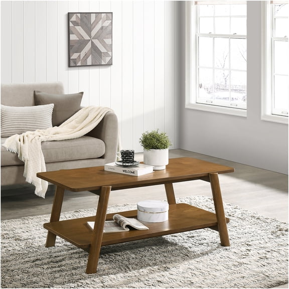 JERFIT Mid-Century Modern Coffee Table with Shelf, Walnut Finish, Sofa Table with Storage for Living Room