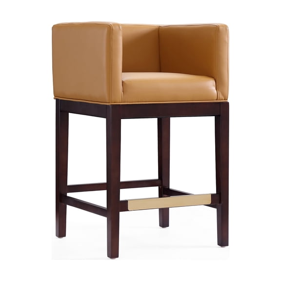 JERFIT Mid Century Modern Counter Stool with Back 24.8 Inch Seat Height, Faux Leather Upholstered Bar Stools for Kitchen Island, Camel Brown Walnut Finish Wood Stool with Gold Footrest