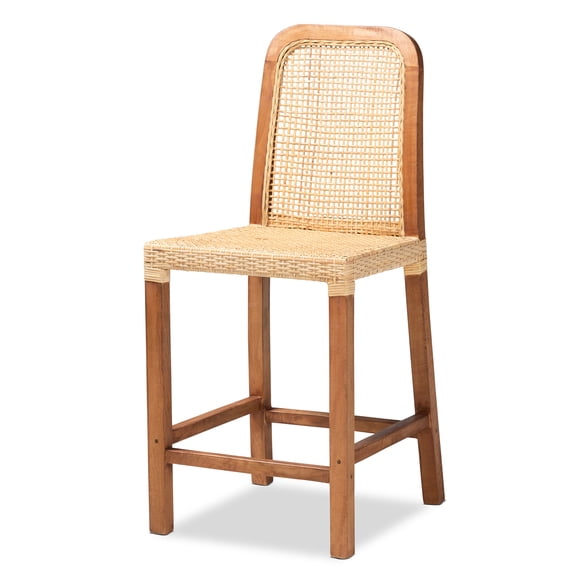 JERFIT Mid Century Modern Counter Stool with Rattan Back, Brown Wood Bar Stool for Kitchen Island, Fully Assembled