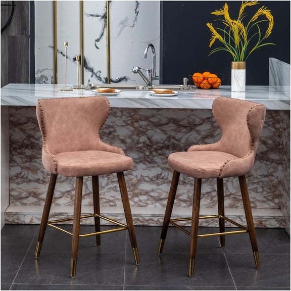 JERFIT Mid-Century Modern Counter Stools Set of 2, Pink Upholstered Fabric Bar Stools with Tufted Back and Nailhead Trim