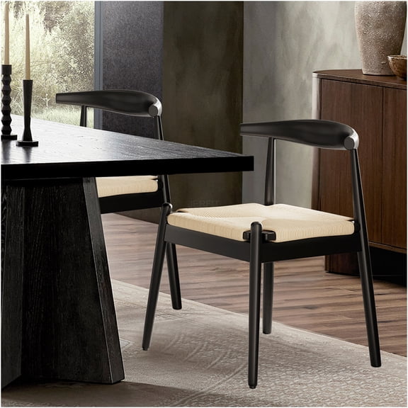 JERFIT Mid-Century Modern Dining Chairs Set of 2, Handwoven Paper Cord Seats & Solid Oak Wood Frame, Upholstered Kitchen and Living Room Accent Chairs in Black and White