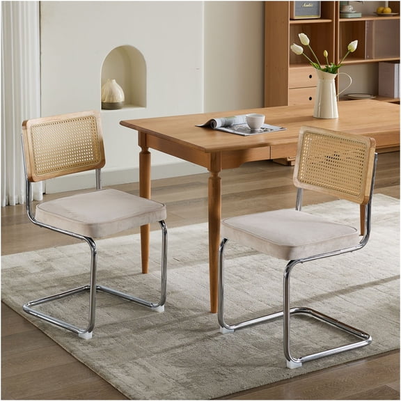 JERFIT Mid Century Modern Dining Chairs Set of 2, Upholstered Velvet Seat with Woven Cane Backrest, Chrome Metal Frame for Kitchen, Dining Room, Beige