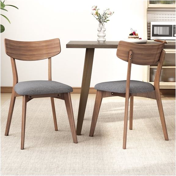 JERFIT Mid-Century Modern Dining Chairs Set of 2, Dark Grey Fabric Upholstered Seats & Walnut Finish Wood Frame for Kitchen & Dining Room