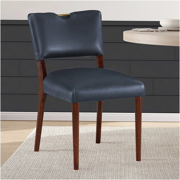 JERFIT Mid-Century Modern Dining Chairs Set of 2, Dark Navy Faux Leather Upholstered Side Chairs with Gold Accents for Kitchen Dining Room