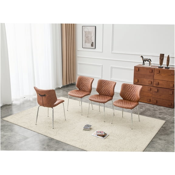 JERFIT Mid-Century Modern Dining Chairs Set of 4, Brown Crazy Horse Leather Upholstered, Tufted High Back, Metal Legs, Adjustable Non-Slip Feet