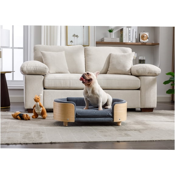 JERFIT Mid-Century Modern Dog Bed with Wooden Legs & Velvet Cushion, Elevated Pet Sofa for Cats & Dogs, Washable Cover, Dark Grey