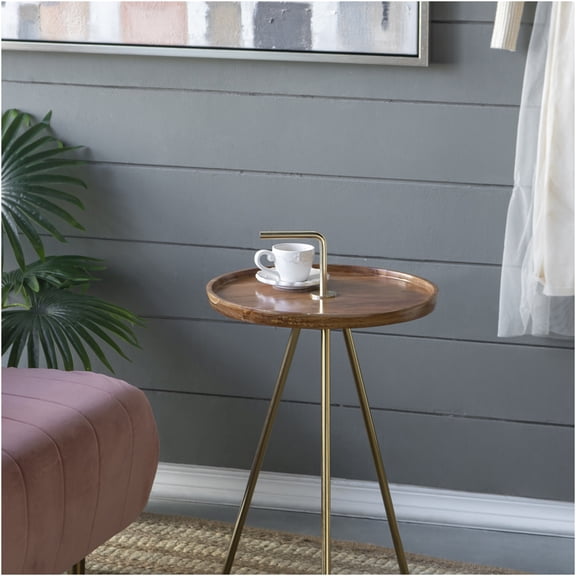 JERFIT Mid-Century Modern End Table, 16 inch Acacia Wood Tripod Side Table with Gold Steel Legs for Living Room