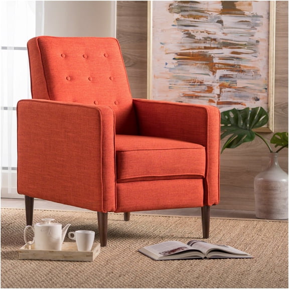 JERFIT Mid-Century Modern Fabric Recliner Chair with Thick Tufted Cushion, Espresso Wood Legs, Orange