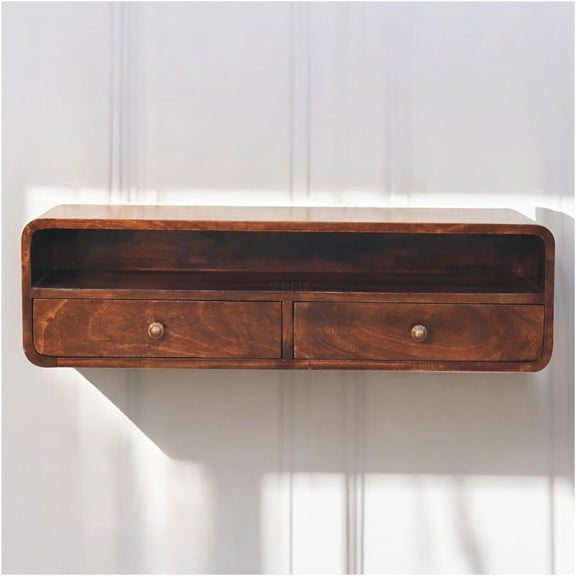 JERFIT Mid-Century Modern Floating Console Table with Drawers, Solid Wood Wall Mounted Sofa Table, Brown Walnut Finish Open Shelf Entryway Hallway Foyer