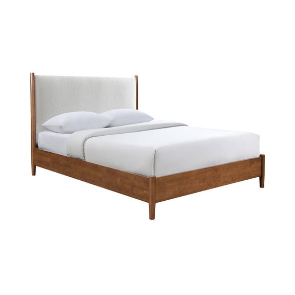 JERFIT Mid-Century Modern Full Size Bed Frame with Upholstered Headboard, Walnut Beige Boucle Fabric, Solid Wood Legs - Mattress Foundation Ready