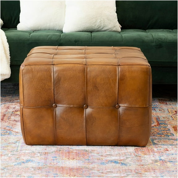 JERFIT Mid-Century Modern Genuine Leather Storage Ottoman Bench, Square Foot Rest Coffee Table for Living Room