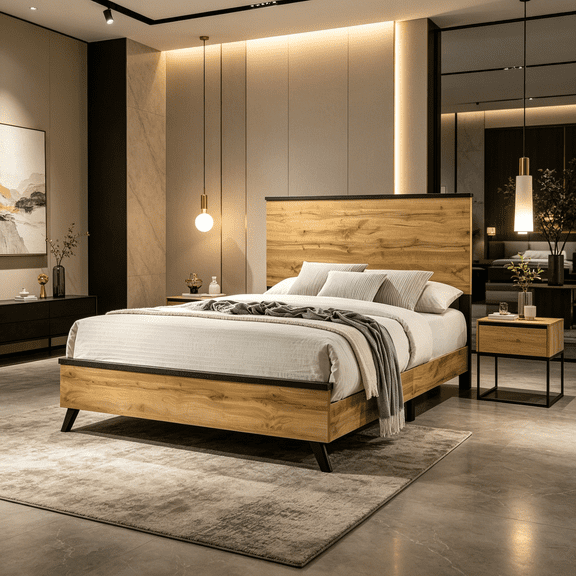 JERFIT Mid-Century Modern King Bed, Natural Pine Wood Panel Bed Frame with Weathered Brown Finish, Rustic Farmhouse Bedroom Furniture
