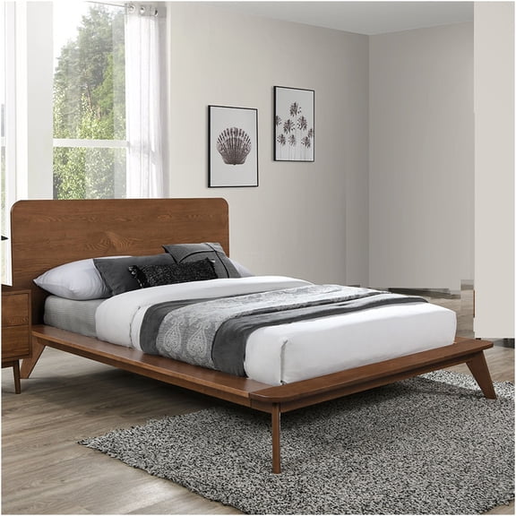 JERFIT Mid-Century Modern King Platform Bed Frame with Headboard, Walnut Finish Solid Wood Structure, No Box Spring Needed