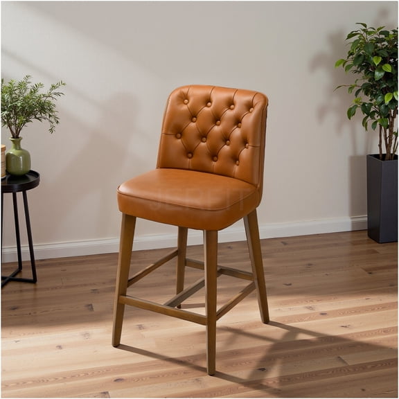 JERFIT Mid-Century Modern Kitchen Counter Stool, Cognac Vegan Leather Upholstery, Walnut Finish Wood Legs, Counter Height Bar Stool for Kitchen Island, Breakfast Nook, or Home Bar