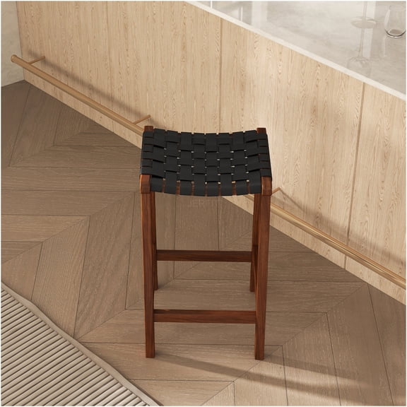 JERFIT Mid-Century Modern Leather Counter Stool for Kitchen Island, Solid Wood Frame, Black or Brown