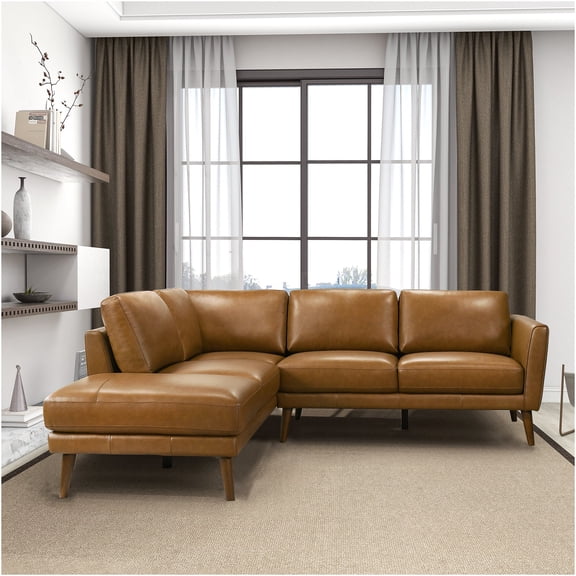 JERFIT Mid-Century Modern Leather Sectional Sofa with Left Chaise, Genuine Tan Leather Upholstery, Comfortable 3-Seater Living Room Couch
