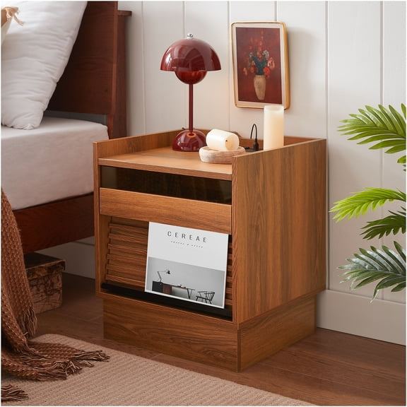 JERFIT Mid Century Modern Nightstand with LED Lights & USB Charging Station, 2-Drawer Bedside Table with App Control, Outlet, for Bedroom, Living Room, Yellow