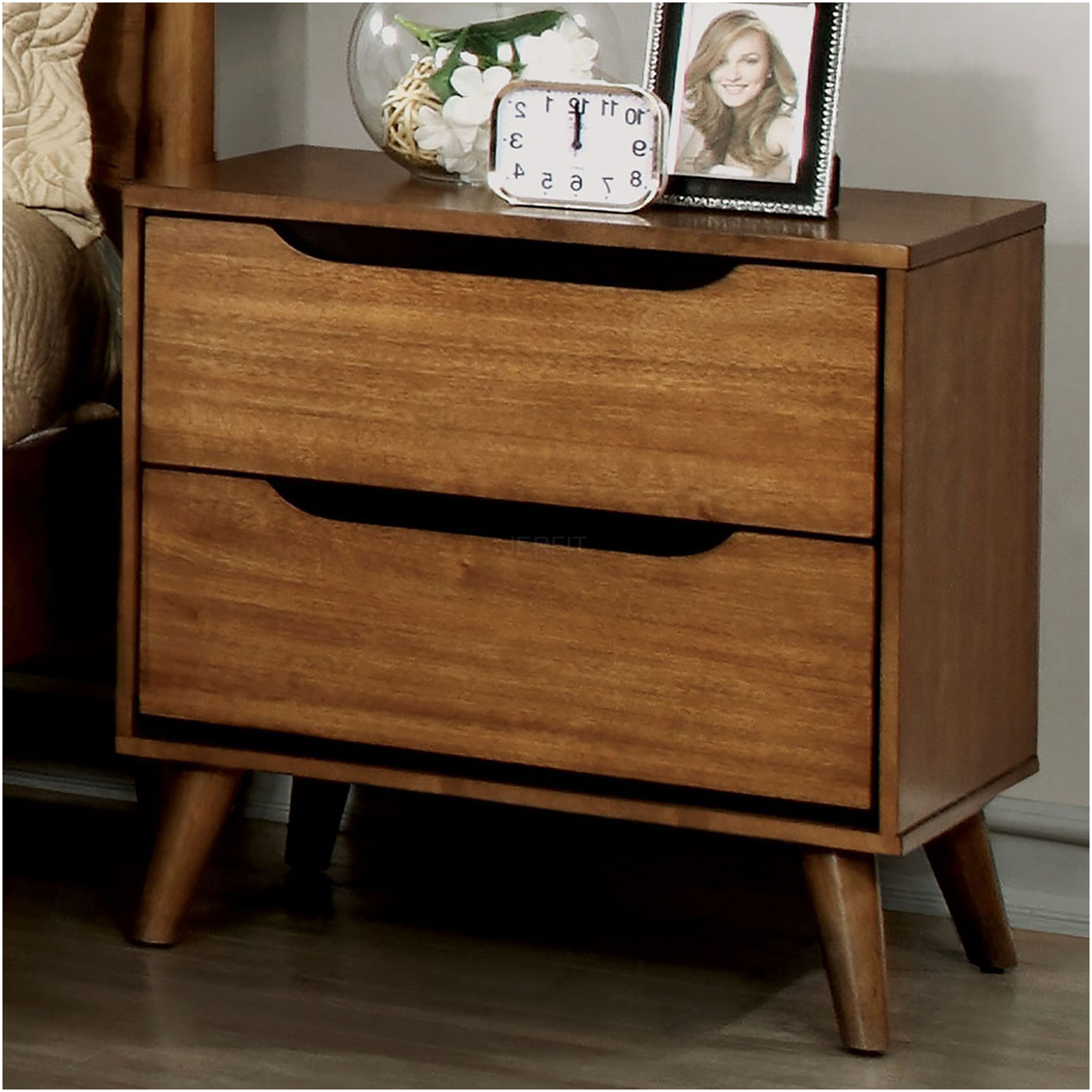 JERFIT Mid-Century Modern Nightstand with 2 Drawers, Solid Wood Bedside ...
