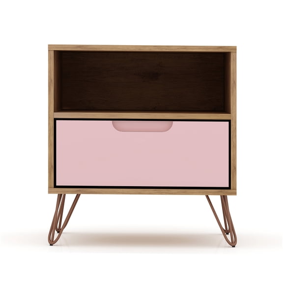 JERFIT Mid-Century Modern Nightstand with Drawer and Shelf, Pink Bedside Table for Bedroom, 20 Inch Accent End Table with Metal Legs
