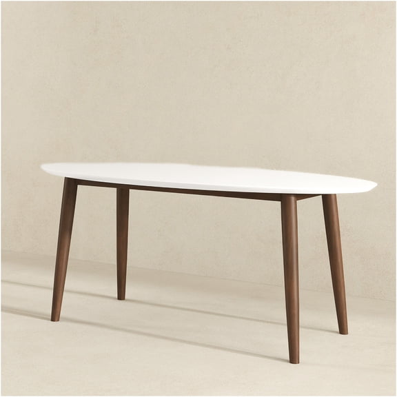 JERFIT Mid-Century Modern Oval Dining Table with White Solid Wood Top, Brown Wood Base for 6
