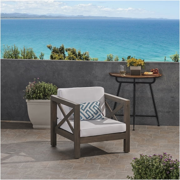 JERFIT Mid-Century Modern Patio Club Chair with Cushions, Acacia Wood Frame, Water-Resistant Grey and White Outdoor Lounge Chair for Garden, Poolside