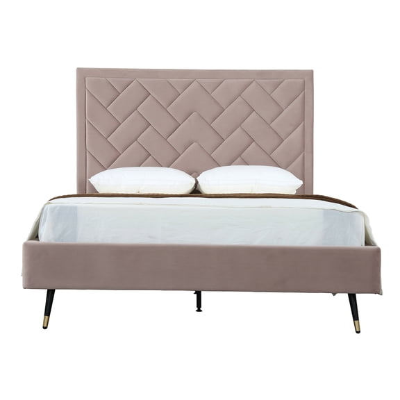 JERFIT Mid-Century Modern Queen Bed Frame with Upholstered Velvet Headboard, Blush Pink
