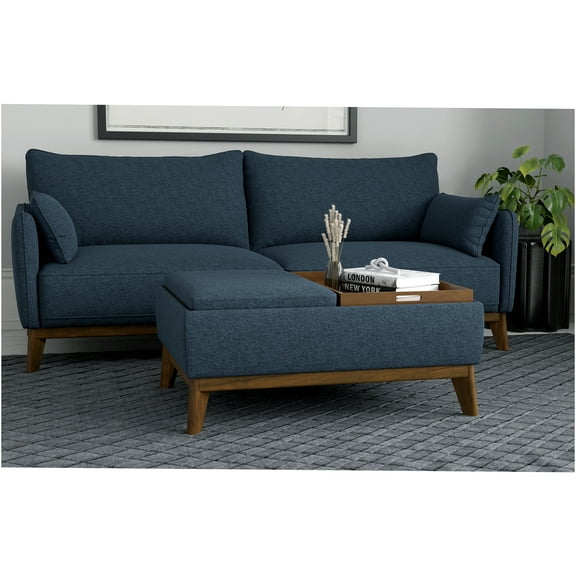 JERFIT Mid-Century Modern Reversible Storage Ottoman Bench with Tray Top, Navy Blue