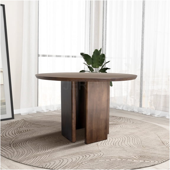 JERFIT Mid-Century Modern Round Dining Table, Solid Wood Pedestal Base, Walnut Finish for Kitchen, Dining Room