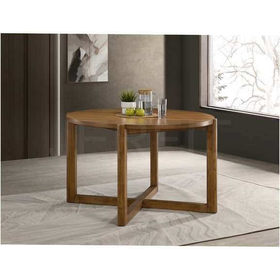 JERFIT Mid-Century Modern Round Dining Table for 4, Walnut Finish, Cross Sled Base, Solid Wood Construction