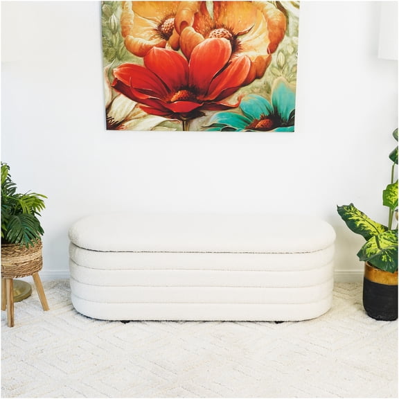 JERFIT Mid-Century Modern Storage Ottoman Bench with Teak Frame, Ivory Boucle Fabric for Living Room, Bedroom, Entryway