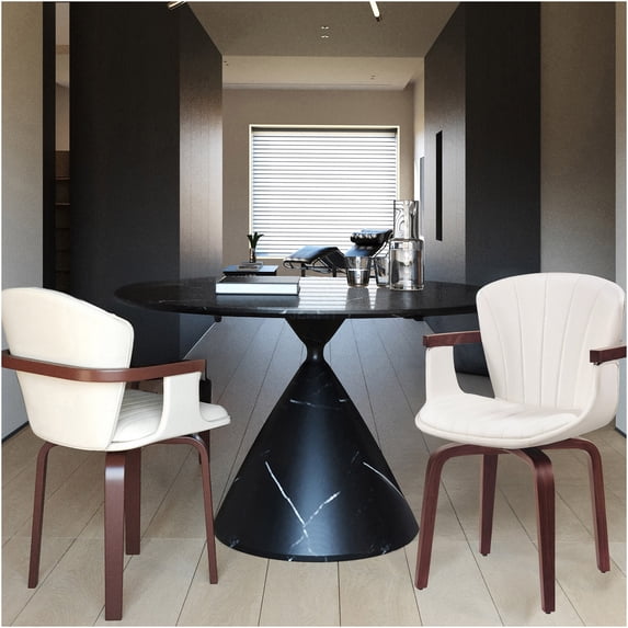 JERFIT Mid-Century Modern Swivel Dining Chairs Set of 2, White PU Leather Upholstered Accent Chairs with Bentwood Frame for Kitchen, Dining Room, Office