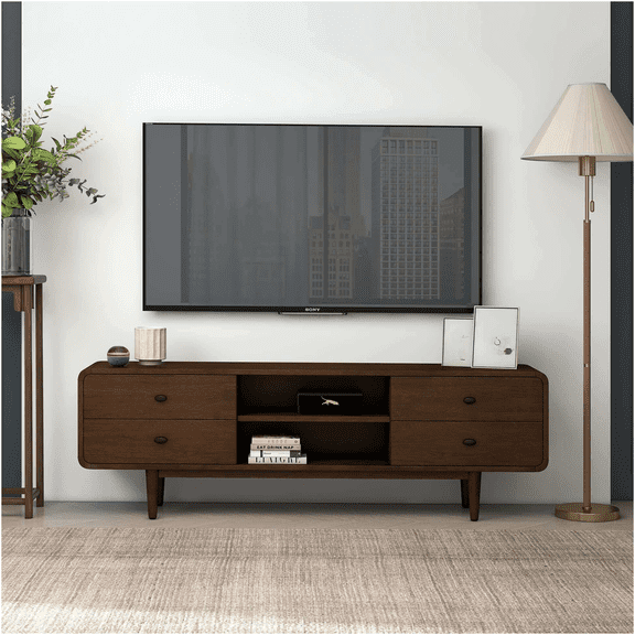 JERFIT Mid Century Modern TV Stand, 71" Solid Wood Media Console with Walnut Finish for TVs up to 72", Retro Entertainment Center for Living Room, Bedroom